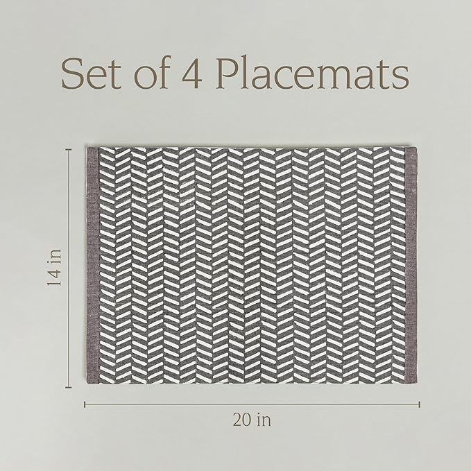 Over&Back Set of 4 Hand-Blocked Placemats - Colorful Dining Table Mat - Each Placemat is Unique - 100% Cotton - Machine Washable - Kitchen and Home Decor - Grey Herringbone