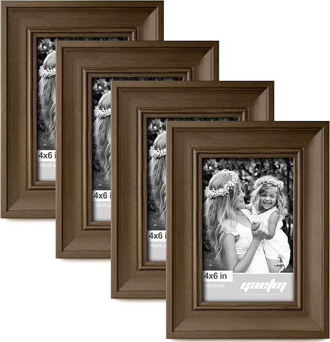 Yaetm 4x6 Picture Frame Set of 4, 1.4” Wide Molding & Brown Wood Grain Photo Frames with HD Tempered Glass, for Table Top & Wall Mounting (4 pack, Brown Wood Grain)