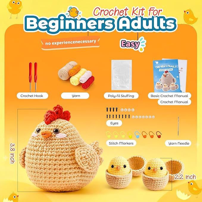 Joyclub 4 Pcs Crochet Kit for Beginners Crochet Starter Kits for Adults and Kids Great Birthday Gifts for Crocheting Lovers with Step by Step Video Amigurumi Chicken Family Knitting Kit DIY Craft