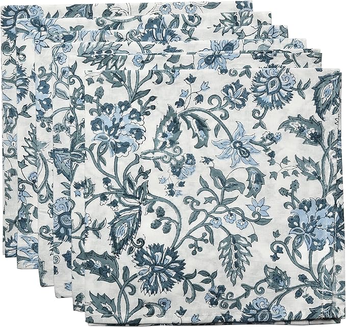 CPC Cloth Napkins Set of 6 Cotton Printed Dinner Hand Print Napkins I Wedding Cocktail Cloth Floral Napkins I 18x18 in I Blue Flower