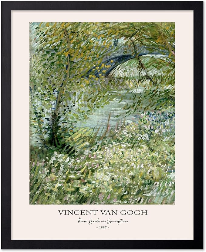 Monem Art Vintage Van Gogh Poster - Retro Impressionist Print - River Bank in Springtime, Flowers, Landscape - Gift for Artist, Friend - Wall Decor for Home, Office, 16x20 Black Framed
