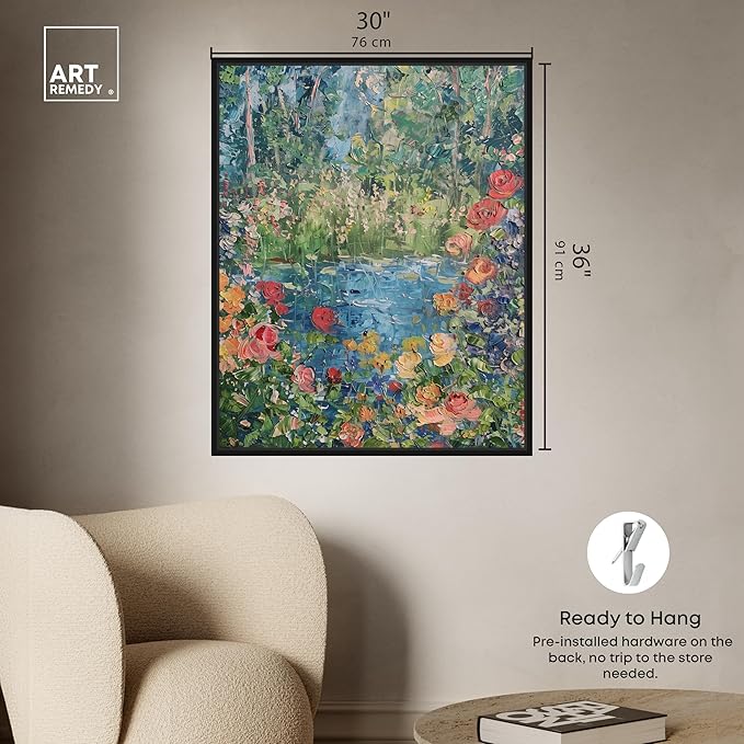 Art Remedy Serene Escape Framed Impressionism 1 Piece Canvas Wall Art/Monet And Van Gogh Inspired Art, 31" x 37", Black Frame