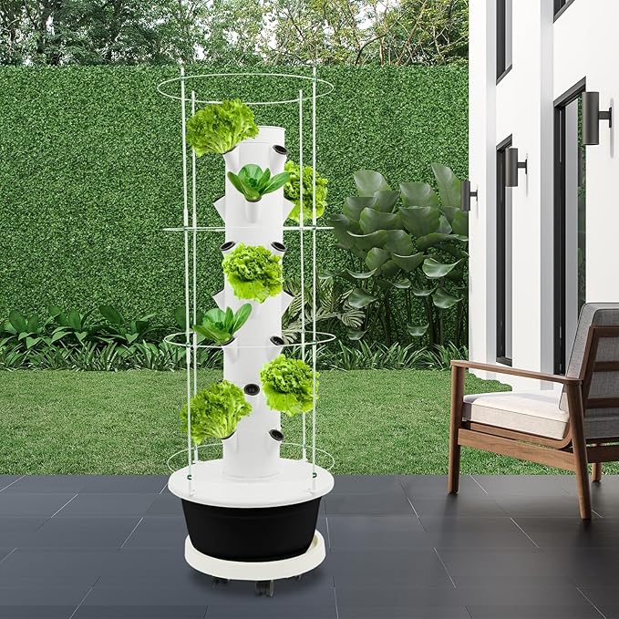 7-Tier 28 Plant Hydroponic Growing Tower, Indoor/Outdoor Vertical Garden System with Climbing Trellis, Garden Hydroponic Growing Kit for Growings Lettuce, Strawberries, Herbs, Vegetables
