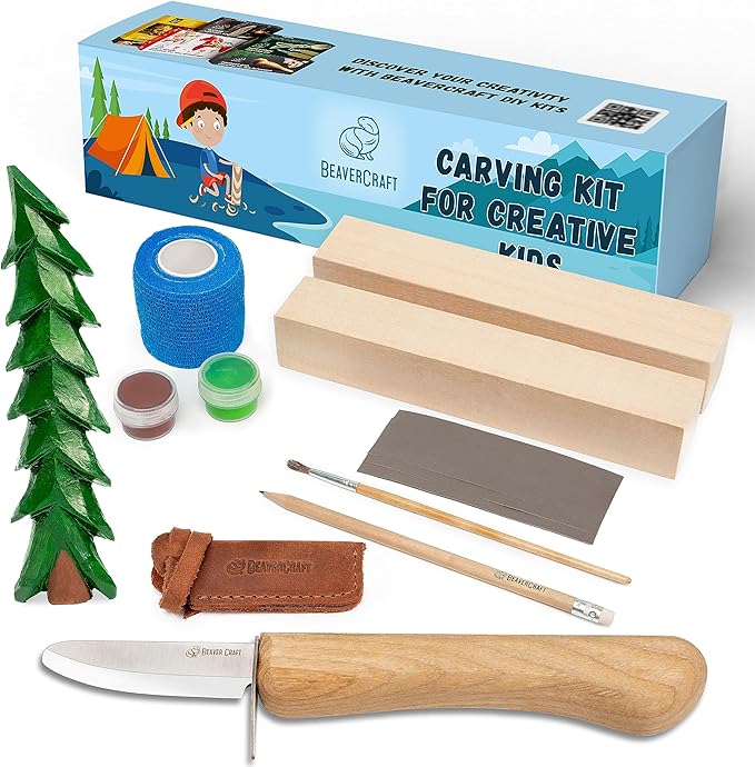 BeaverCraft Wood Carving Kit DIY 08 - Whittling Kit for Beginners - Hobby Kits Whittling Set Includes Safety Wood Carving Knife, Basswood Blocks