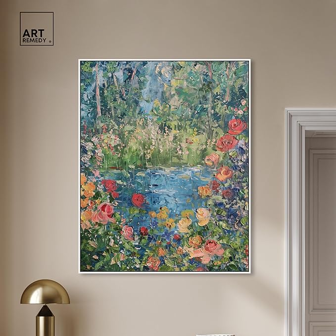Art Remedy Serene Escape Framed Impressionism 1 Piece Canvas Wall Art/Monet And Van Gogh Inspired Art, 37" x 46", White Frame