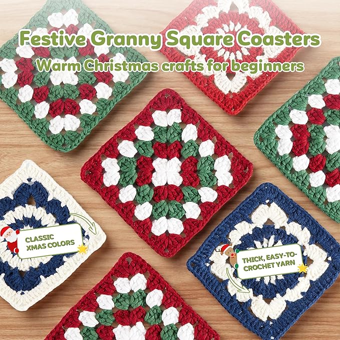 OAKWOOMA Crochet Kit for Beginners, Easy Arts and Crafts Knitting & Crochet Coaster Kit with Step-by-Step Video Tutorials, Crochet Starter Kits for Adults, Teens, Kids (Christmas Granny Square)