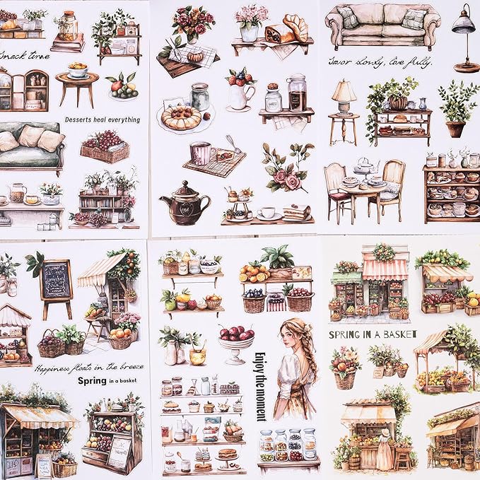 YagCu Scrapbook Sticker Book, Picnic Journaling Stickers, Junk Journal Supplies, Pre-Cut Aesthetic Scrapbooking for Adults, Decorative Ephemera Bullet Planner DIY Arts Craft Collage