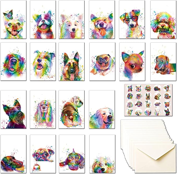 20 Greeting Cards, Rainbow dog Thank You Cards With Envelopes & Stickers-Watercolor Painted Dogs Thank You cards Bulk Note Cards Stationery Box Set For All Occasions Birthday Thank You Wedding.