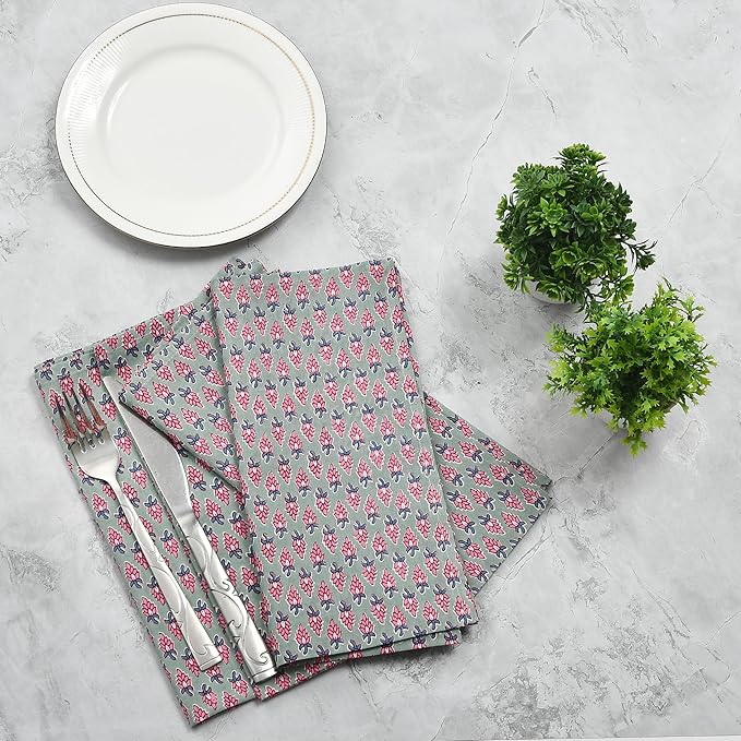 CPC Cloth Napkins 100% Cotton Set of 4 Reusable Napkins, Indian Block Print Toile Floral Dinner Napkin, Fall Thanksgiving Christmas Holiday Party Gift - Soft Absorbent Napkin, 18"x18" Grey Teal
