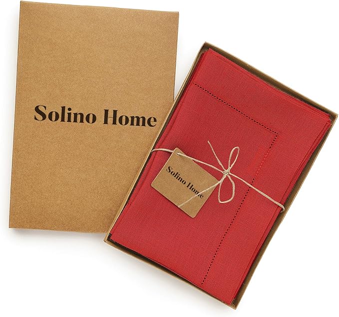 Solino Home Red Linen Napkins Set of 6-100% Pure Linen Hemstitch Dinner Napkins 20 x 20 Inch for Valentines, Winter - Classic Hemstitch