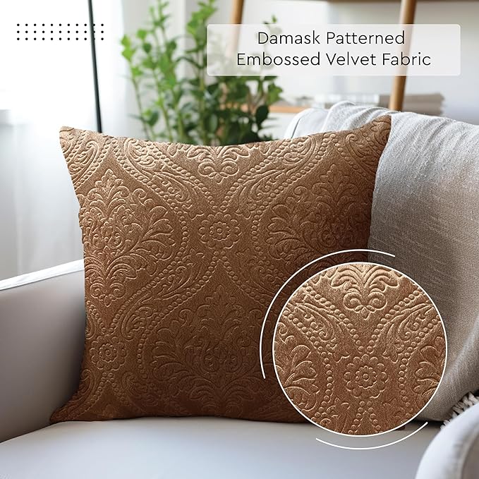 Encasa XO Luxury Embossed Velvet Throw Pillow Covers - Plush Cushion Covers for Elegant Living Rooms & Bedrooms, Machine Washable, 20"x20" Coffee | Set of 2 | Covers Only No Insert
