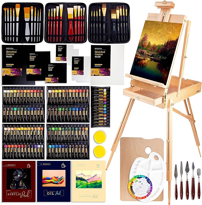 163-Piece French Easel Painting Set | All-in-One Deluxe Artist Starter Kit w/Wooden Field & Studio Sketch Box Easel for Adult, 100+ Professional Paints, Stretched & Panel Canvases, Brushes, Palettes