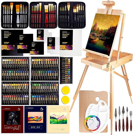 163-Piece French Easel Painting Set | All-in-One Deluxe Artist Starter Kit w/Wooden Field & Studio Sketch Box Easel for Adult, 100+ Professional Paints, Stretched & Panel Canvases, Brushes, Palettes