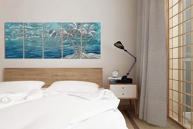 BATRENDY ARTS Modern Beach Metal Wall Art Decor 3D Silver Coconut Palm on the Shores of Hawaii Blue Coast Hanging Sculptures Outdoor or Indoor Tree Decorations