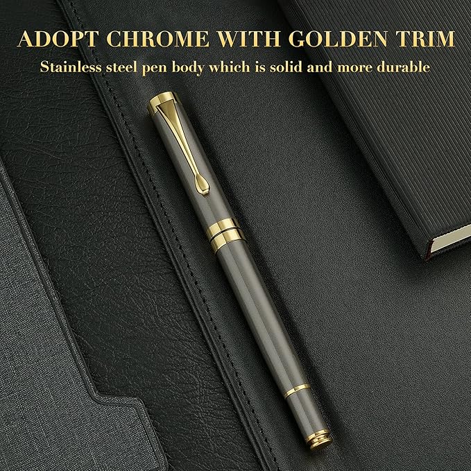 BEILUNER Ballpoint Pens, Stunning Grey Chrome Metal Pen with Golden Trim, Fancy Ball Pen Gift Set for Men & Women, Professional, Executive, Office,Journal Pens-Gift Box with 0.5mm Black Extra Refill