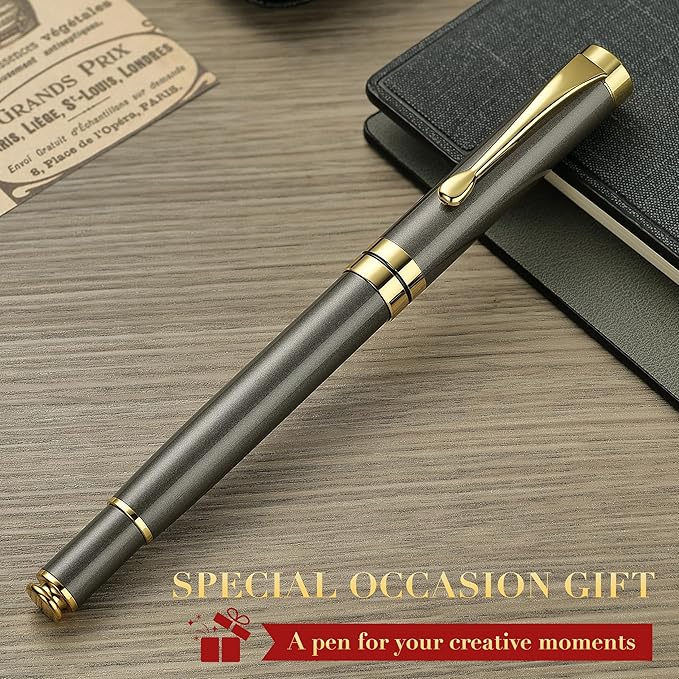 BEILUNER Ballpoint Pens, Stunning Grey Chrome Metal Pen with Golden Trim, Fancy Ball Pen Gift Set for Men & Women, Professional, Executive, Office,Journal Pens-Gift Box with 0.5mm Black Extra Refill
