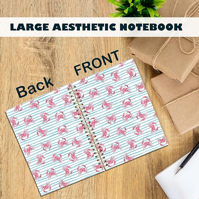 Coastal Beach Crab Notebook, Blue Striped Summer Ocean Beach Crab Gifts Journal Journaling for Women Spiral Notebooks, Nautical Ocean Hardcover Spiral Notebooks, 5.5x8.3 Inch