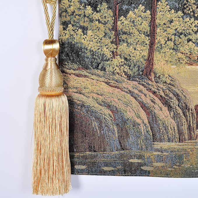 Vintage Nature Tapestry Wall Hanging Set with Telescopic Rod & Tassels - Jacquard Woven Fabric Aesthetic Lake & Mountain Landscape Wall Tapestry for Bedroom/Living Room Decor Green Art (42"x27")