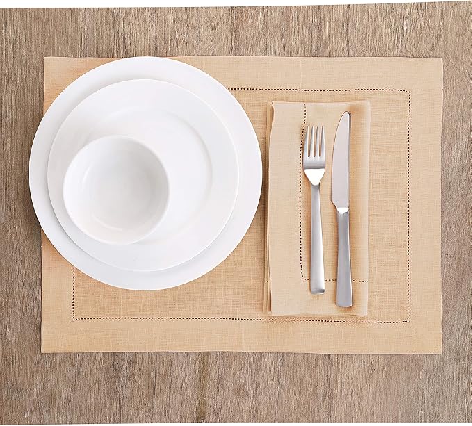 Solino Home Linen Cloth Placemats Set of 6-100% Pure Linen Hemstitch Beige Placemats 14 x 19 Inch - Classic Hemstitch Table Place Mats for Spring, Easter