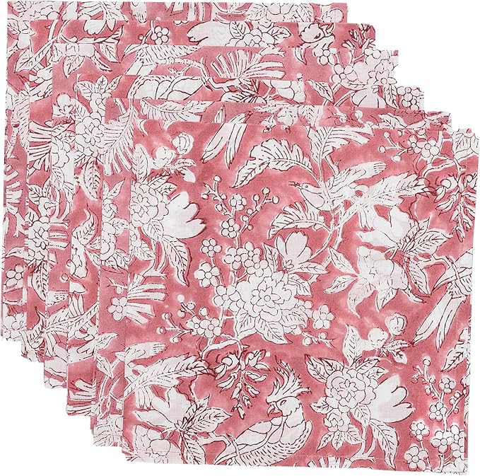 CPC Cloth Napkins 100% Cotton Set of 4 Reusable Napkins, Indian Block Print Toile Floral Dinner Napkin, Fall Thanksgiving Christmas Holiday Party Gift - Soft Absorbent Napkin, 18"x18" Pink Coral