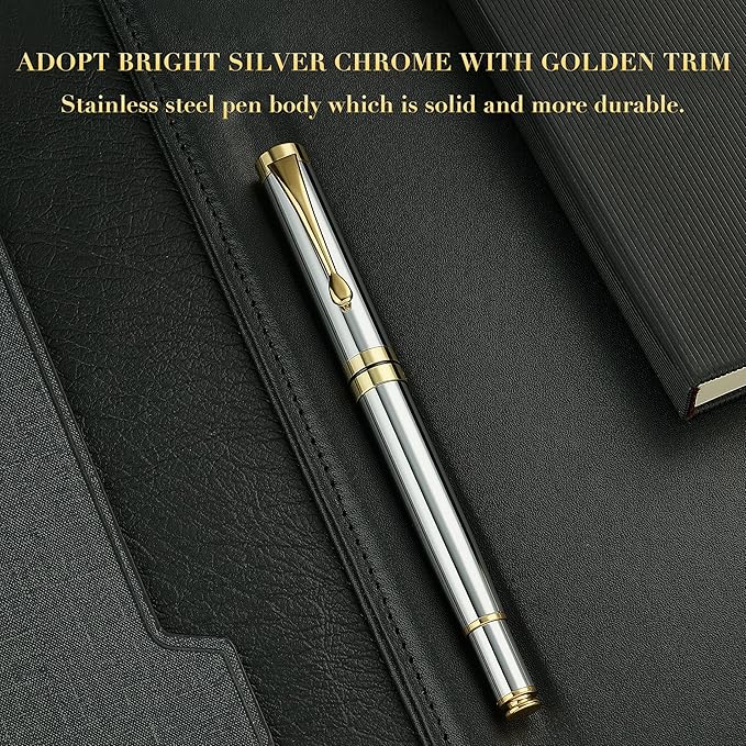BEILUNER Ballpoint Pens, Stunning Bright Silver Chrome Metal Pen with Golden Trim, Best Ball Pen Gift Set for Men & Women, Professional, Executive, Office,Fancy-Gift Box with 0.5mm Black Extra Refill