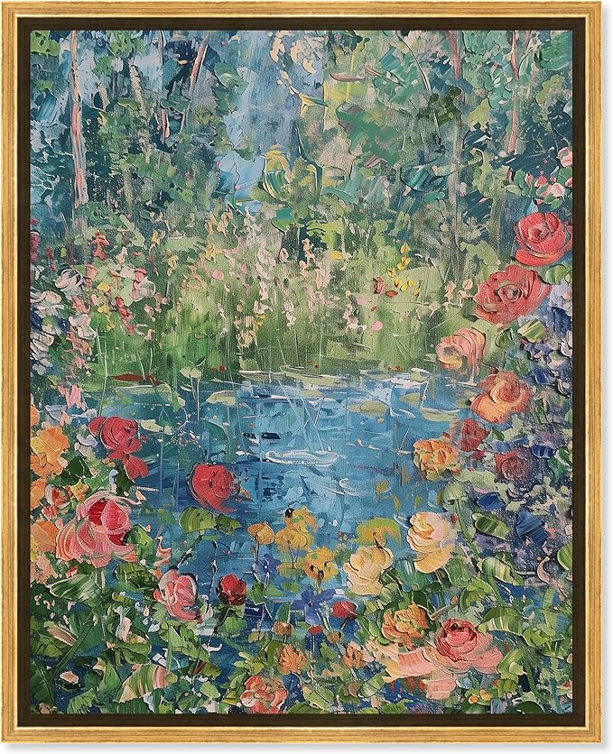 Art Remedy Serene Escape Framed Impressionism 1 Piece Canvas Wall Art/Monet And Van Gogh Inspired Art, 31.5" x 37.5", Gold Frame