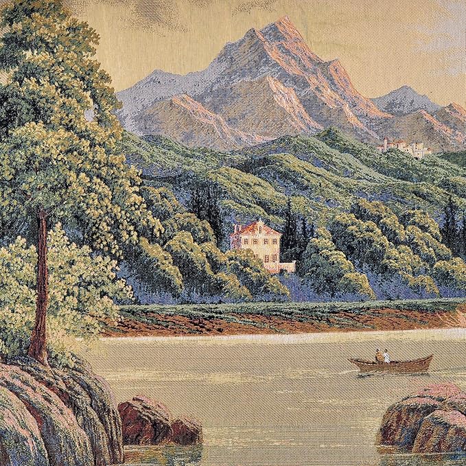 Vintage Nature Tapestry Wall Hanging Set with Telescopic Rod & Tassels - Jacquard Woven Fabric Aesthetic Lake & Mountain Landscape Wall Tapestry for Bedroom/Living Room Decor Green Art (42"x27")