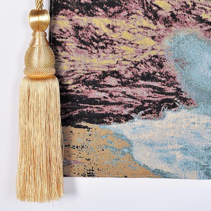 Vintage Nature Tapestry Wall Hanging Set with Telescopic Rod & Tassels - Jacquard Woven Fabric Aesthetic Country Landscape Wall Tapestry for Bedroom/Living Room Decor Green Art (42"x27") (Vibrant - coastal, lighthouse by crashing waves)