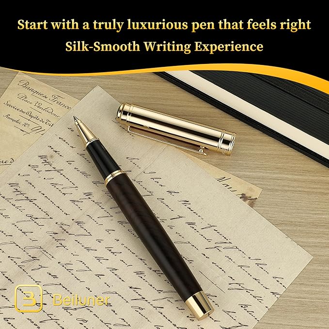 BEILUNER Black Sandalwood with 24K Gold Plated Rollerball Pen, Elegant & Luxurious Executive Writing Instrument for Women & Men, Premium Gift Box for Christmas, Birthday and Anniversary
