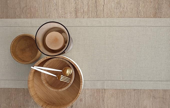 Solino Home Linen Natural Table Runner 132 Inches Long - 100% Pure Linen Extra Long Table Runner 14 x 132 Inch for Spring, Easter - Classic Hemstitch