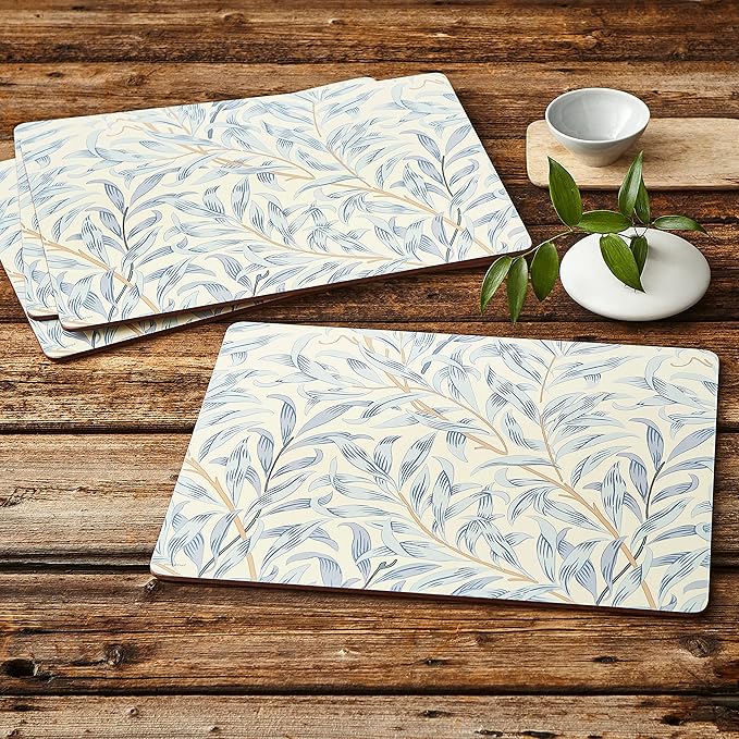 Pimpernel Morris & Co Willow Bough Blue Placemats, Set of 4 - Soft Blue Botanical Mats with Cork Backing for Dining Table Decor & Modern Tableware Accent for Everyday Meals at Home & Restaurants Use