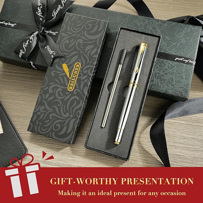 BEILUNER Ballpoint Pens, Stunning Bright Silver Chrome Metal Pen with Golden Trim, Best Ball Pen Gift Set for Men & Women, Professional, Executive, Office,Fancy-Gift Box with 0.5mm Black Extra Refill