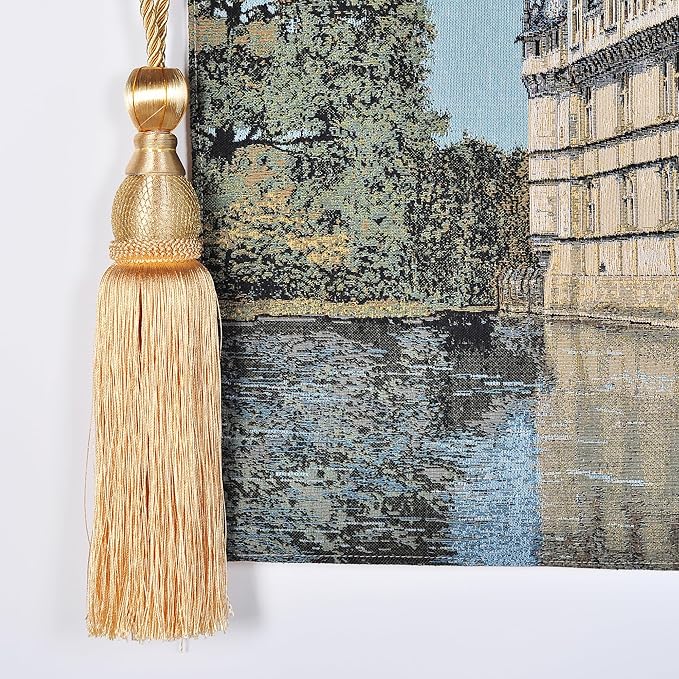 Vintage Nature Tapestry Wall Hanging Set with Telescopic Rod & Tassels - Jacquard Woven Fabric Aesthetic Country Landscape Wall Tapestry for Bedroom/Living Room Decor Green Art (42"x27") (Soft - toned, historic castle by the water)