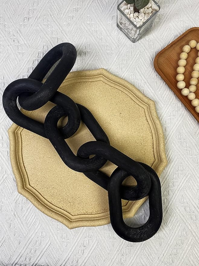 Wood Chain Link Decor - 18.9 Inches Length Aesthetic Room Decor, 5-Link Wood Chain Boho Decor for Living Room, Farmhouse Decor, Coffee Table (Black)