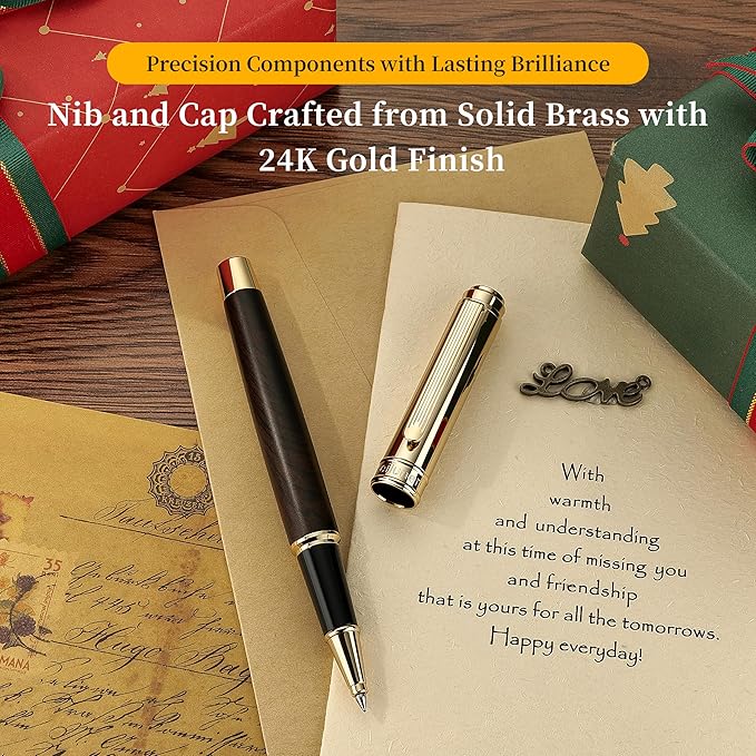 BEILUNER Black Sandalwood with 24K Gold Plated Rollerball Pen, Elegant & Luxurious Executive Writing Instrument for Women & Men, Premium Gift Box for Christmas, Birthday and Anniversary