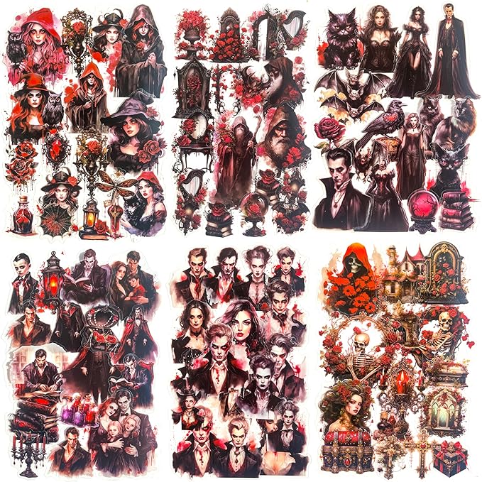 180-Piece Gothic Vampire Scrapbook Stickers – Vintage Medieval Red Dark Horror Aesthetic Witches, Vampires, Roses, Skeletons Decals for Halloween Crafting, Journaling, Art Projects, Planners