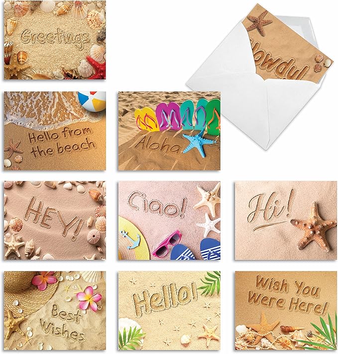The Best Card Company - 10 All Occasion Blank Thank You Card Set 4 x 5.12 Inch, Nautical Just Because Assortment of Notecards - Beach Notes AM6113OCB-B1x10
