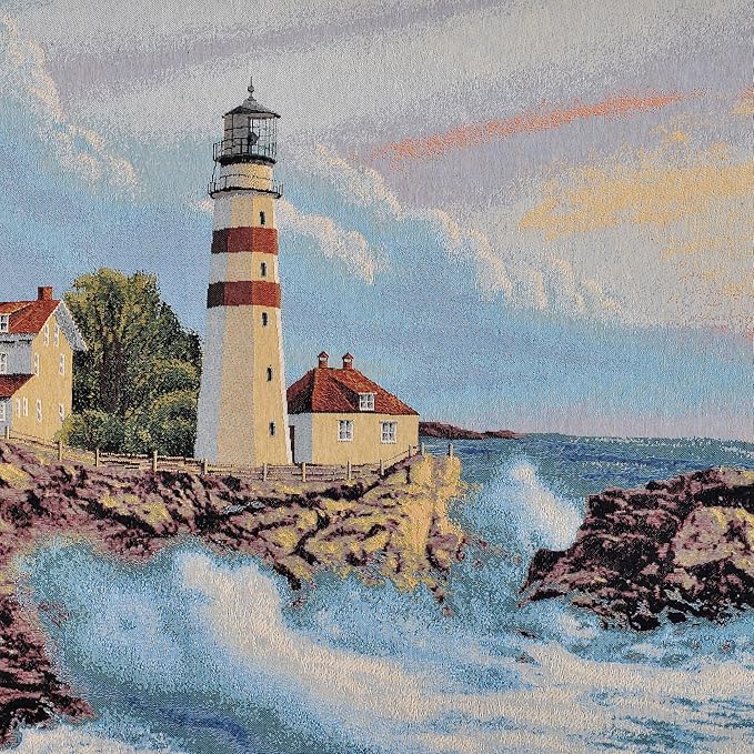 Vintage Nature Tapestry Wall Hanging Set with Telescopic Rod & Tassels - Jacquard Woven Fabric Aesthetic Country Landscape Wall Tapestry for Bedroom/Living Room Decor Green Art (42"x27") (Vibrant - coastal, lighthouse by crashing waves)