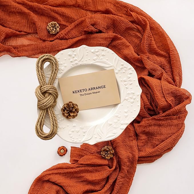 Keketoarrange 6pcs Fall Terracotta Table Runner Rust Gauze Rustic Cheesecloth 120 Inch 10 FT for Wedding Baby Shower Bridal Shower Birthday Engagement Garden Party Sheer Boho Thanksgiving Decorations