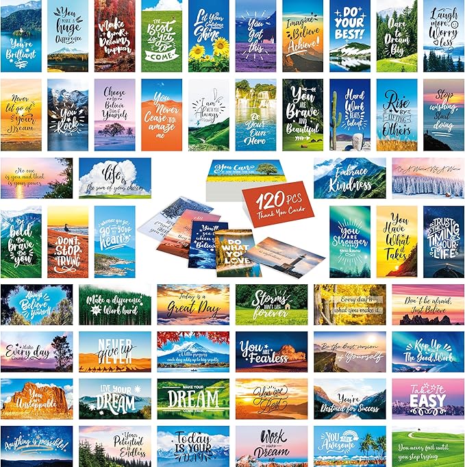 Gethelud 120 PCS Motivational Cards, 60 Designs Inspirational Cards with Beautiful Scenery, Encouragement Quote Affirmation Words for Students, Adults, Office/School Supplies (2” x 3.5”)