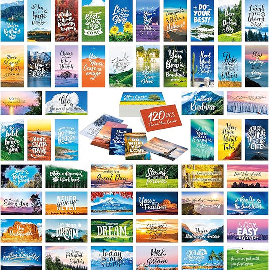 Gethelud 120 PCS Motivational Cards, 60 Designs Inspirational Cards with Beautiful Scenery, Encouragement Quote Affirmation Words for Students, Adults, Office/School Supplies (2” x 3.5”)