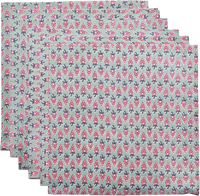 CPC Cloth Napkins 100% Cotton Set of 4 Reusable Napkins, Indian Block Print Toile Floral Dinner Napkin, Fall Thanksgiving Christmas Holiday Party Gift - Soft Absorbent Napkin, 18"x18" Grey Teal