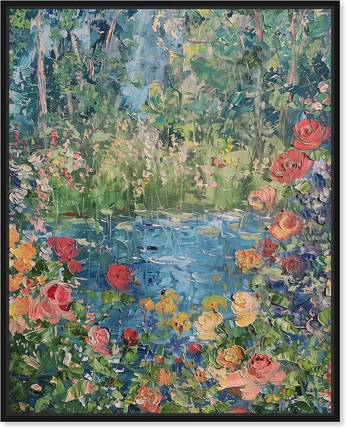 Art Remedy Serene Escape Framed Impressionism 1 Piece Canvas Wall Art/Monet And Van Gogh Inspired Art, 25" x 31", Black Frame