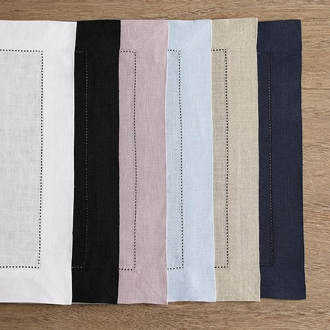 Solino Home Linen Placemats Set of 4 - Classic Hemstitch Navy Blue Placemats 14 x 19 Inch - 100% Pure Linen Table Mats for Winter, Easter