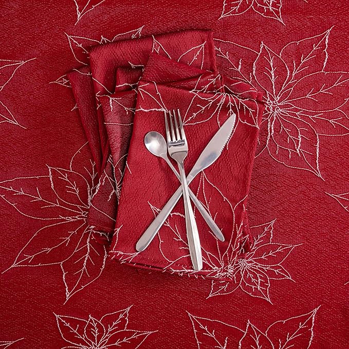 Laura Ashley Napkins Raised Woven Embroidered Jacquard Fabric, Wrinkle Resistant for Dining, Holiday, Party, Wedding or Banquet, Set of 6 Napkins, Poinsettia Red