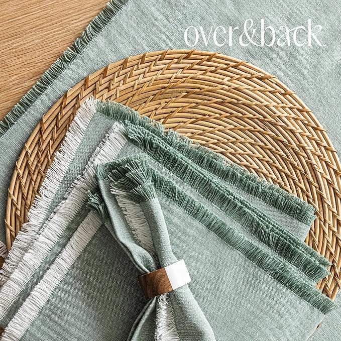 Over&Back Set of 4 Woven Frayed Chambray Placemats - Colorful Dining Table Mat - Hand-Finished Frayed Edges - 100% Cotton - Machine Washable - Kitchen and Home Decor - Green - 14" L X 20" W