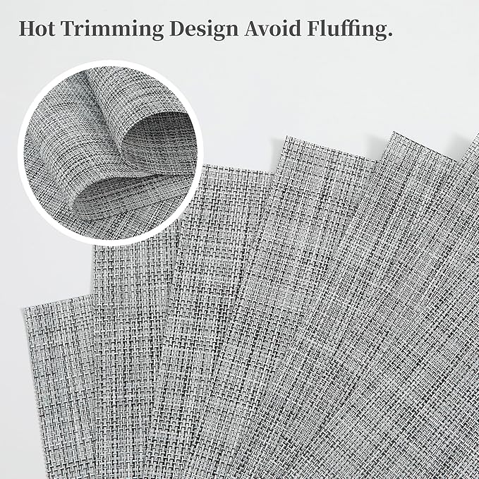Leetaltree Linen Grey Placemats Set of 4 - Heat Resistant Non-Slip Place mats for Dining Table, Washable Durable PVC Vinyl Woven Table Mats（Linen Grey, 4）