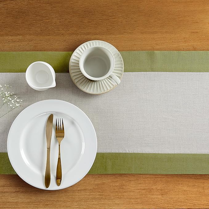 Solino Home Linen Table Runner 108 Inches Long - 100% Pure Linen Avocado and Natural Table Runner 14 x 108 Inch for Winter, St Patricks Day - Contempo