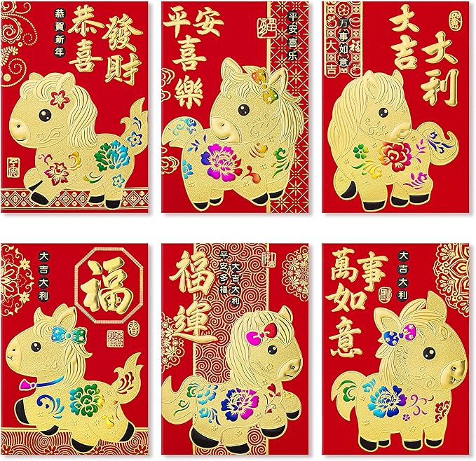 36pcs Red Envelopes Chinese New Year, Chinese Traditional Lucky Money Hong Bao Red Envelope Pockets for 2026 Spring Festival, Lunar New Year, 6 Cartoon Horse Designs,M