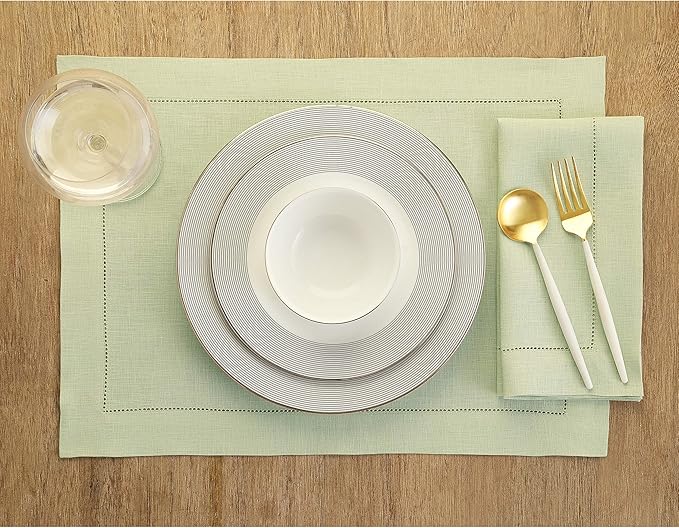 Solino Home Linen Cloth Placemats Set of 6-100% Pure Linen Hemstitch Sage Green Placemats 14 x 19 Inch - Classic Hemstitch Table Place Mats for Winter, Spring, Easter, St Patricks Day